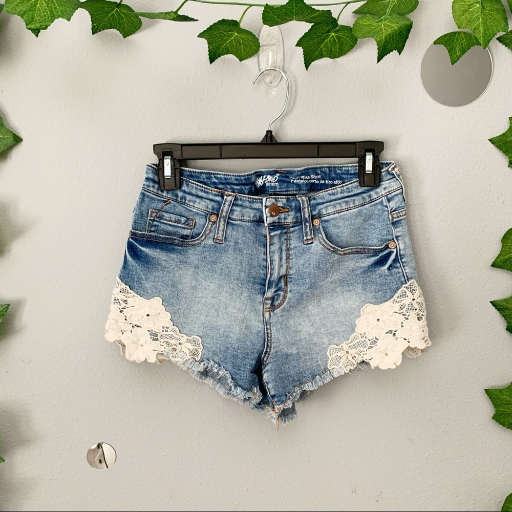 High waist lace detail denim shorts